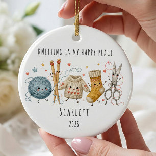 Knitting Is My Happy Place Personalised Ceramic Ornament