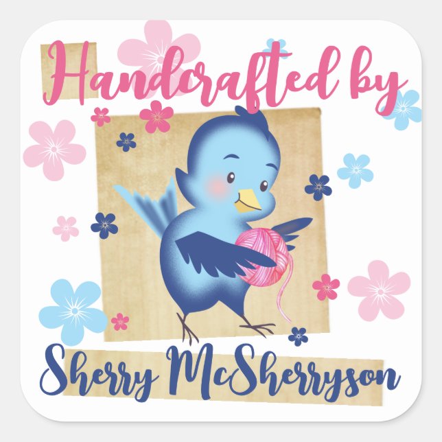 Knitting knitter crochet homespun yarn bird square sticker (Front)