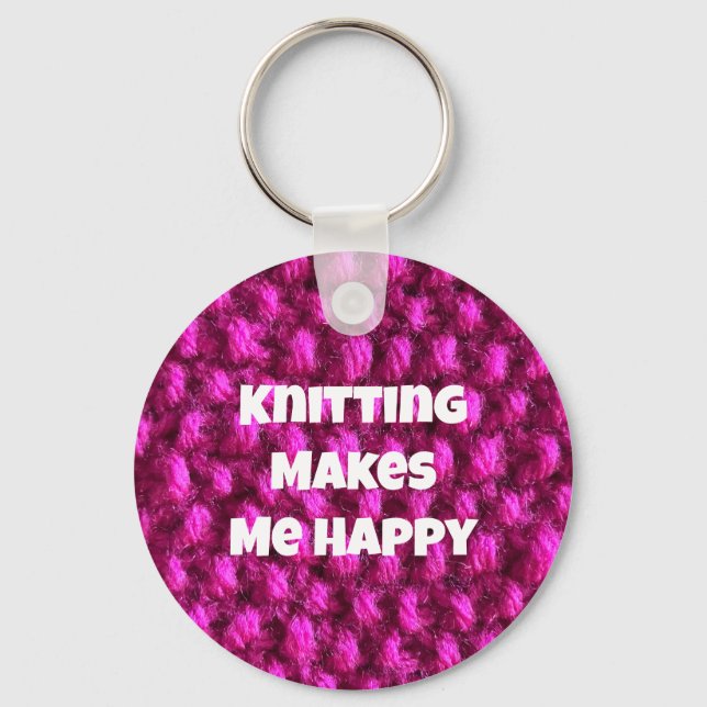 Knitting Makes Me Happy Pink Yarn Key Ring (Front)