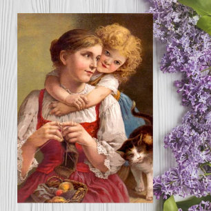 Knitting mother with child and cat