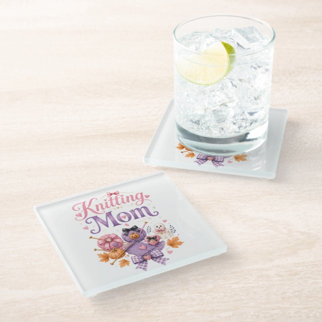 Knitting Mum Halloween Glass Coaster (Angled)