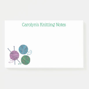 Knitting needles and balls of yarn, personalised post-it notes