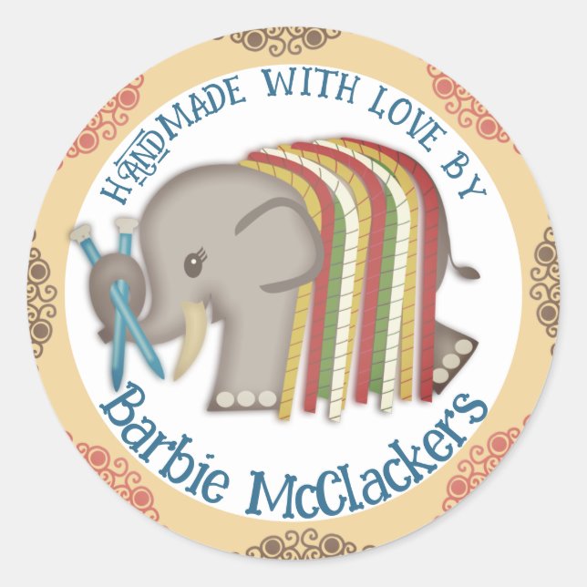 Knitting needles wooly yarn elephant gift sticker (Front)