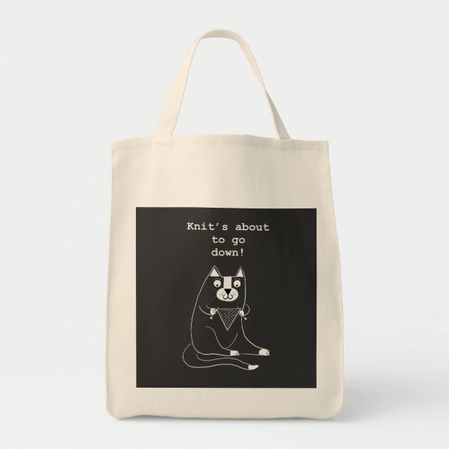 Knitting Project Yarn Tote Bag with Knitting Cat (Front)