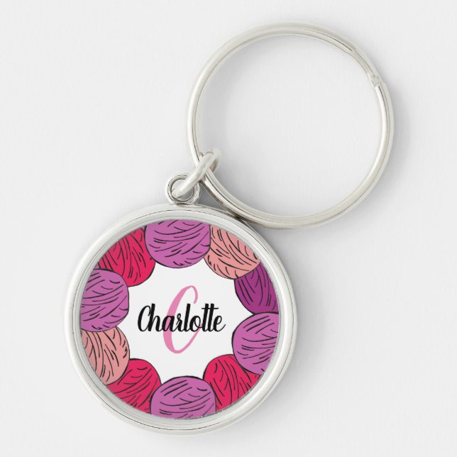 Knitting purple & pink wool gift Button Key Ring (Front)