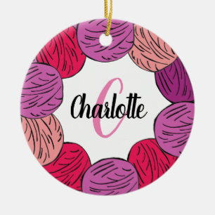 Knitting purple & pink wool gift ceramic ornament