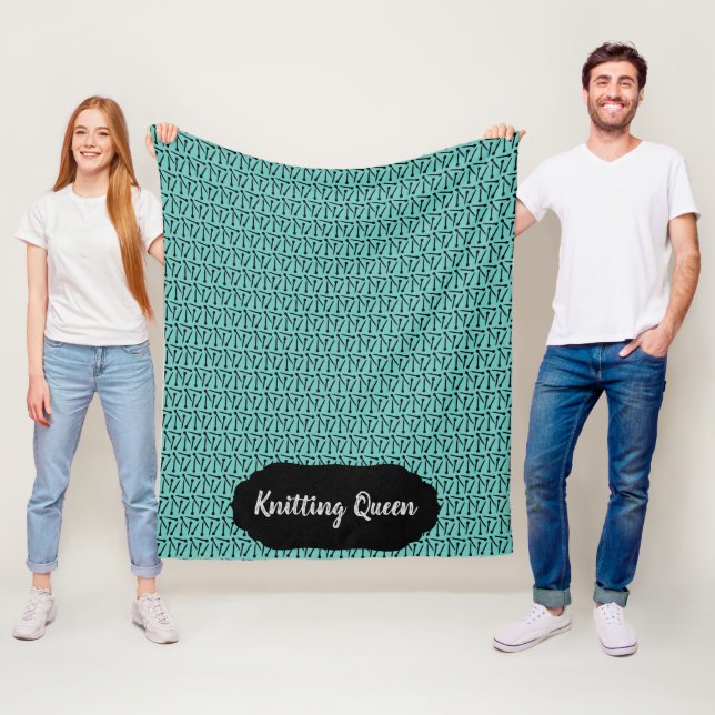 Knitting Queen Needles Pattern +Label Teal + Black Fleece Blanket (In Situ)