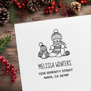 Knitting Snowman in Knitted Hat and Scarf Address Rubber Stamp