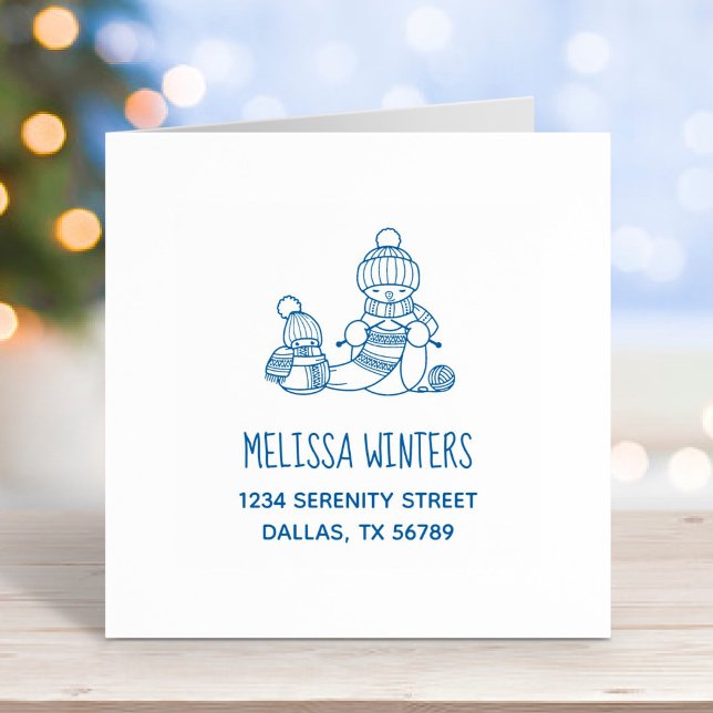Knitting Snowman in Knitted Hat and Scarf Address Self-inking Stamp (Creator Uploaded)