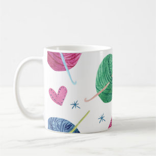 Knitting theme, watercolor seamless pattern. coffee mug