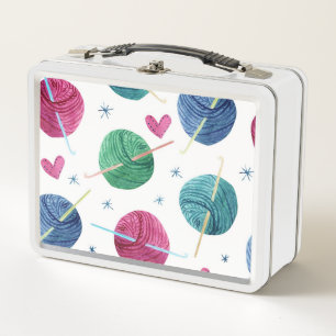 Knitting theme, watercolor seamless pattern. metal lunch box