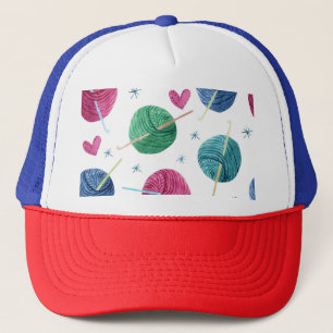 Knitting theme, watercolor seamless pattern. trucker hat