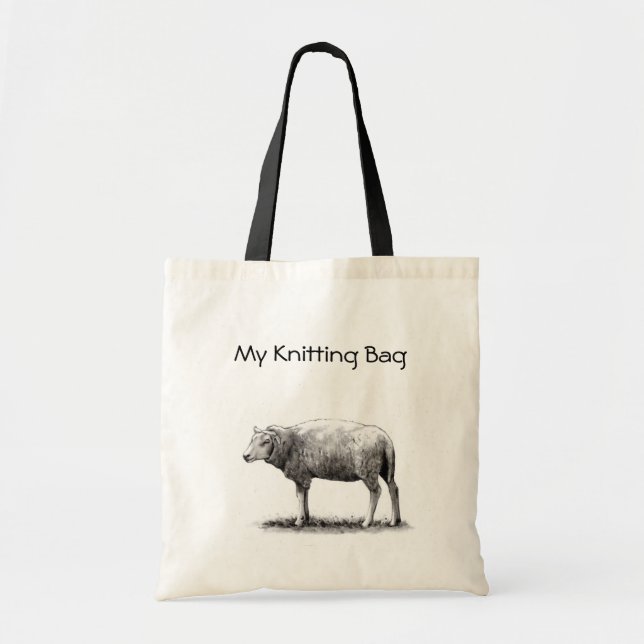 Knitting Tote: Drawing of Sheep in Pencil: Yarn Tote Bag (Front)