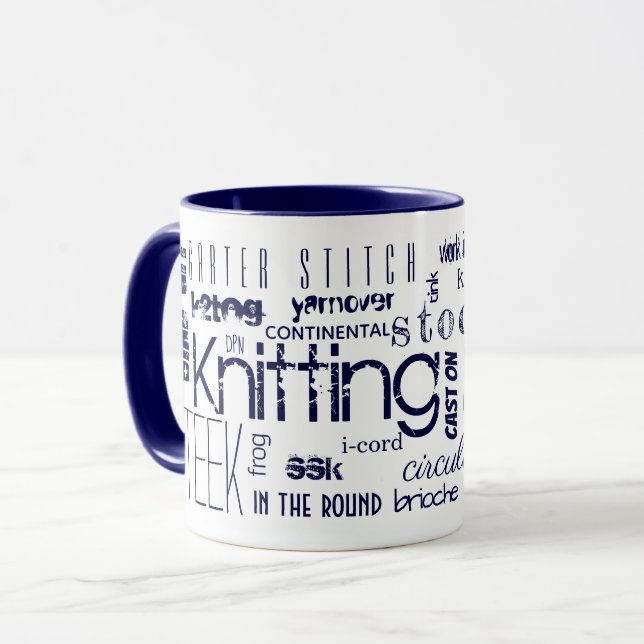 Knitting Typography Words Terms Blue Mug (Front Left)