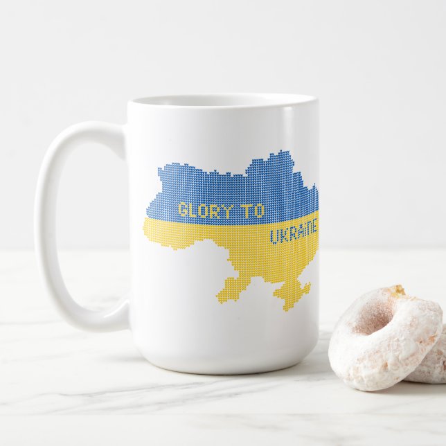 Knitting Ukrainian state map text Glory to Ukraine Coffee Mug (With Donut)