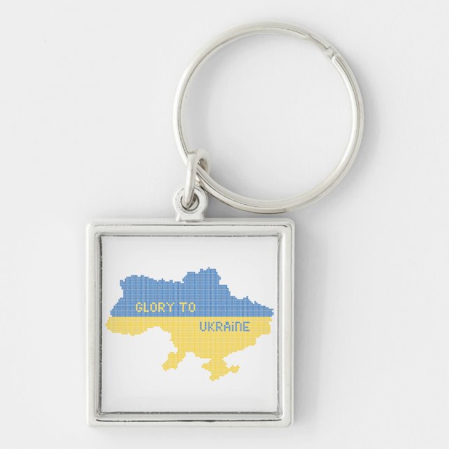 Knitting Ukrainian state map text Glory to Ukraine Key Ring (Front)