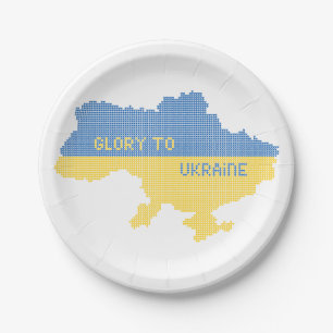 Knitting Ukrainian state map text Glory to Ukraine Paper Plate