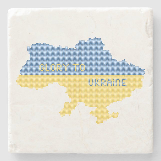Knitting Ukrainian state map text Glory to Ukraine Stone Coaster (Front)