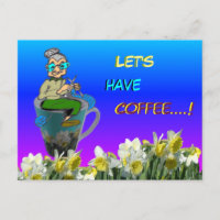 Knitting Woman on Daffodils Mug Coffee Postcard