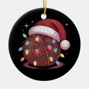 Knitting Yarn Ball Christmas Lights Santa Knitter Ceramic Ornament