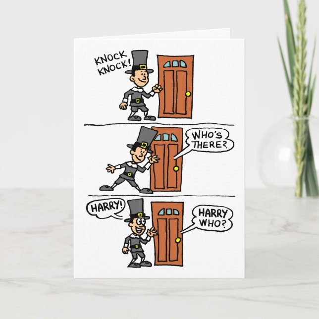 Knock Knock Cartoon Pilgrim Thanksgiving Card (Front)