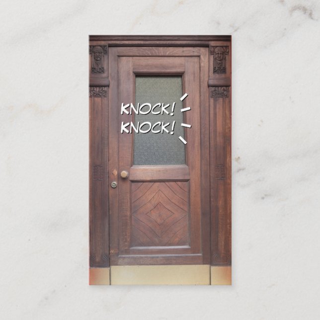 Knocking on brown door funny attention opener business card (Front)