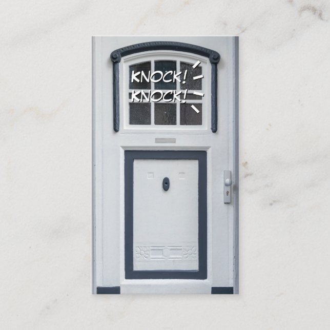 Knocking on white door funny attention opener business card (Front)