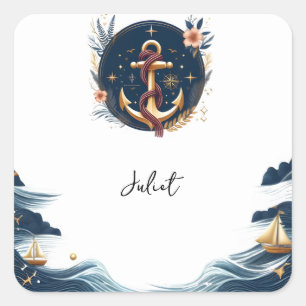 Knot Boat Ship Navy Blue Nautical Bridal Shower Square Sticker