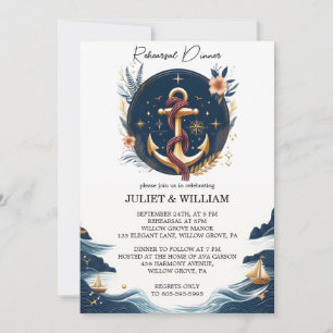 Knot Boat Ship Navy Blue Nautical Rehearsal Dinner Invitation