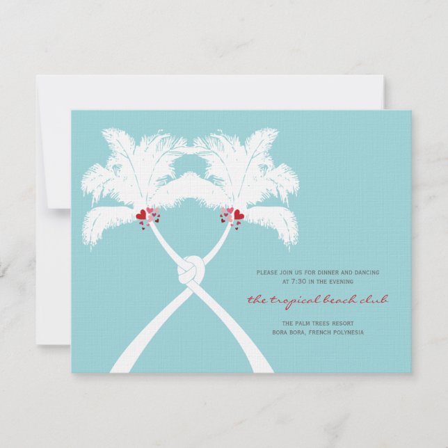 Knotted Palm Trees Hearts Beach Wedding Reception Invitation (Front)