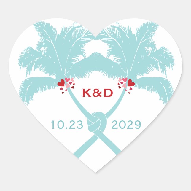 Knotted Palm Trees Hearts Tropical Beach Wedding Heart Sticker (Front)