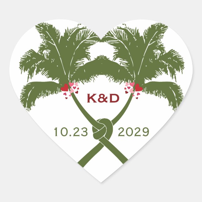 Knotted Palm Trees Red Love Tropical Beach Wedding Heart Sticker (Front)