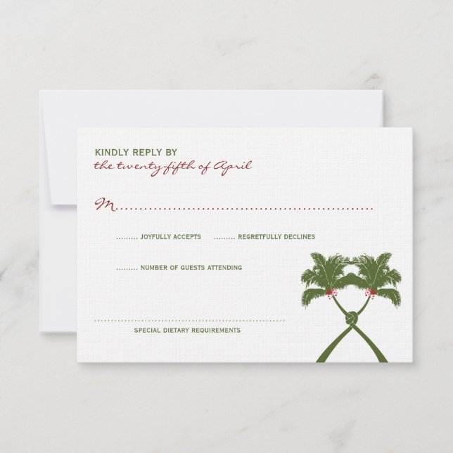 Knotted Palm Trees Red Love Tropical Beach Wedding RSVP Card (Front)