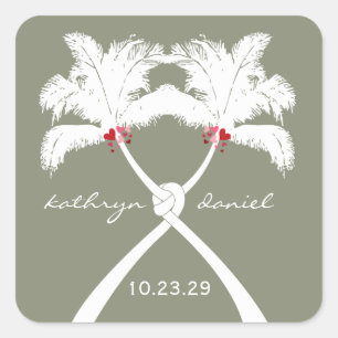 Knotted Palm Trees Red Love Tropical Beach Wedding Square Sticker