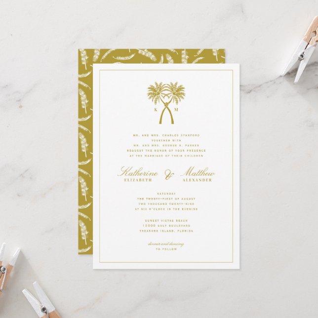 Knotted Palm Trees Tropical Destination Wedding Invitation (Front/Back In Situ)