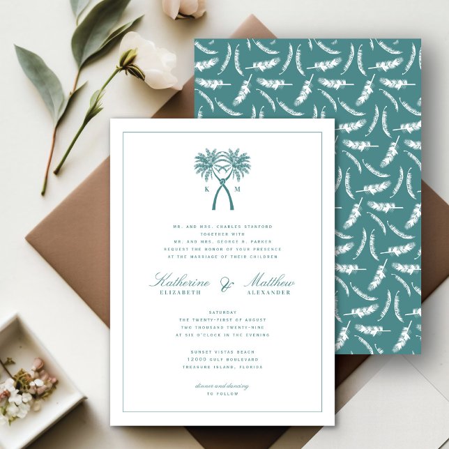 Knotted Palm Trees Tropical Destination Wedding Invitation (Knotted Palm Trees Tropical Destination Wedding Invitation @ fatfatin_blue_knot)