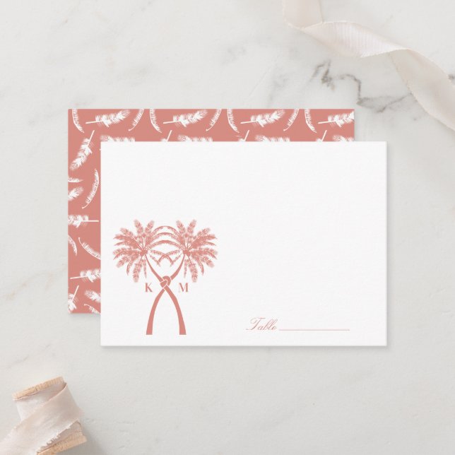 Knotted Palm Trees Tropical Destination Wedding Place Card (Front/Back In Situ)