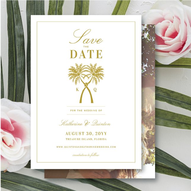 Knotted Palm Trees Tropical Destination Wedding Save The Date (Knotted Palm Trees Tropical Wedding Save The Date Photo Announcement Card @ fatfatin_blue_knot)