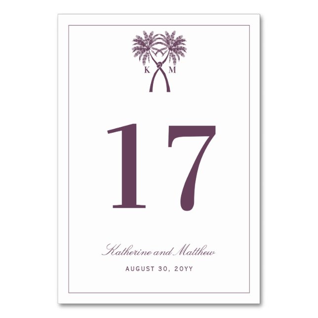 Knotted Palm Trees Tropical Destination Wedding Table Number (Front)