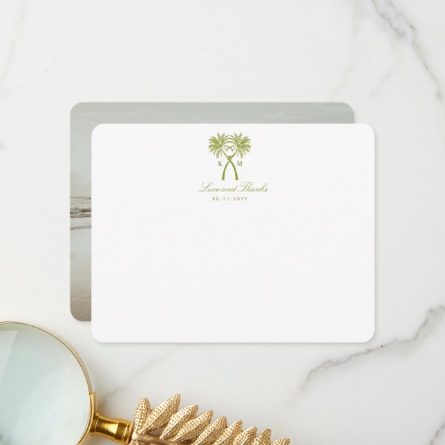 Knotted Palm Trees Tropical Destination Wedding Thank You Card (Front/Back In Situ)