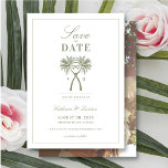 Knotted Palm Trees Tropical Wedding Save The Date Invitation<br><div class="desc">Tropical Knotted Palm Trees Khaki Moss Green Beach Wedding / Destination Wedding Suite Design - Save The Date Photo Announcement Card. This tropical themed design features a simple but unique illustration of two palm tree silhouettes tied together in a knot. This modern design is perfect for a beach wedding, a...</div>