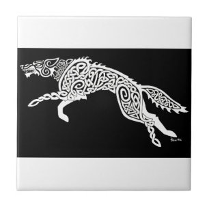 Knotwork Wolf, White on Black Ceramic Tile