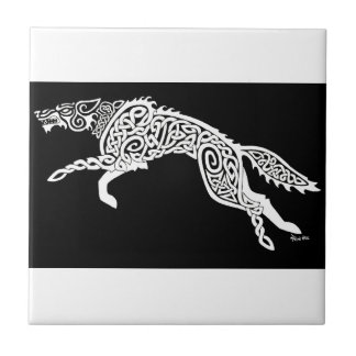 Knotwork Wolf, White on Black Ceramic Tile
