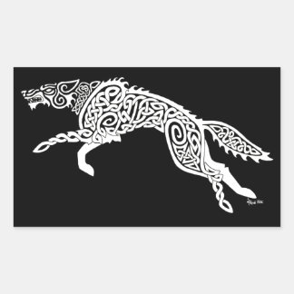 Knotwork Wolf, White on Black Rectangular Sticker