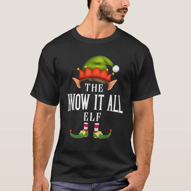 Know it all Elf Group Funny Christmas Pajama Party T-Shirt (Front)