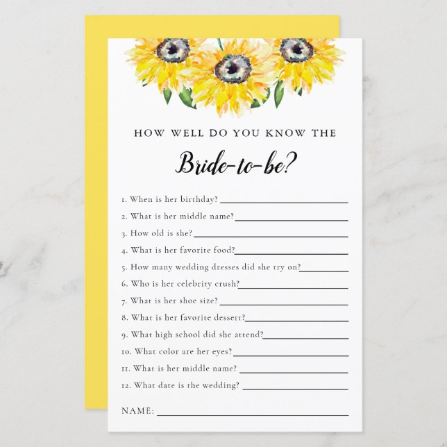 know the bride Bridal Shower Game Sunflower (Front/Back)
