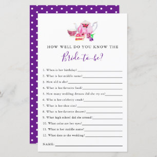 know the bride Bridal Shower Game Tea Party Purple