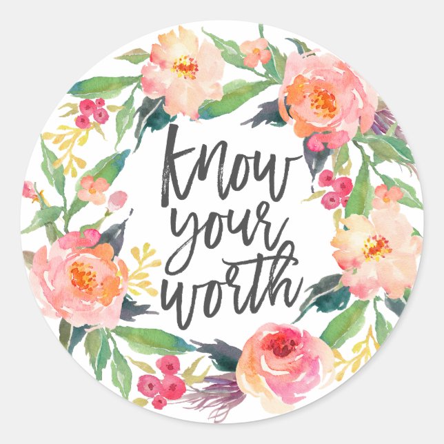 Know Your Worth, Boho Inspirational Quote Classic Round Sticker (Front)