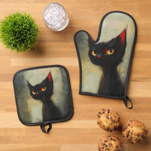 Knowing Black Ninja Cat Oven Mitt & Pot Holder Set