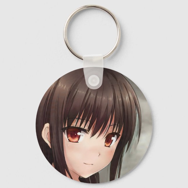 Knowing smile anime girl cute brunette amber eyes  key ring (Front)